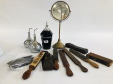 A COLLECTION OF VINTAGE BARBERS CUT THROAT RAZORS, STROPS,