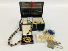 A VINTAGE BLACK MAGIC BOX AND A QUANTITY OF VINTAGE JEWELLERY,