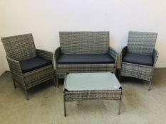 A MODERN 4 PIECE GARDEN SUITE COMPRISING OF 2 SEAT SOFA, 2 CHAIRS AND COFFEE TABLE.