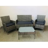 A MODERN 4 PIECE GARDEN SUITE COMPRISING OF 2 SEAT SOFA, 2 CHAIRS AND COFFEE TABLE.