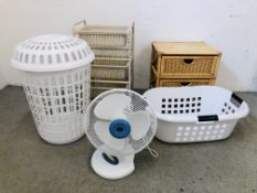 A PLASTIC LINEN BIN AND BASKET ALONG WITH THREE TIER STORAGE TROLLEY PREM-I-AIR FAN AND A WICK TWO