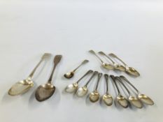 3 LARGE GEORGIAN SILVER FIDDLE PATTERN TEASPOONS, LONDON, ALONG WITH A JAM SPOON, EDINBURGH ASSAY,