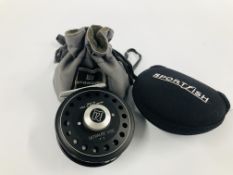 A HARDY ULTRA LITE DISC 7 FLY FISHING REEL IN MOUSE OF HARDY CASE ALONG WITH SPORTFISH SOFT CASE.