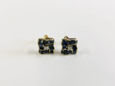 A PAIR OF 9CT GOLD DIAMOND AND SAPPHIRE STUD EARRINGS IN A SQUARE SETTING.