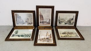 A GROUP OF SIX FRAMED AND MOUNTED PRINTS TO INCLUDE HYDE PARK CORNER, MANSION HOUSE CHEAPSIDE,