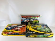 SCALEXTRIC BEETLE CAP, AD MICRO SCALEXTRIC PRO DRIVER AND MINI CHALLENGE RACING GAMES AS CLEARED.