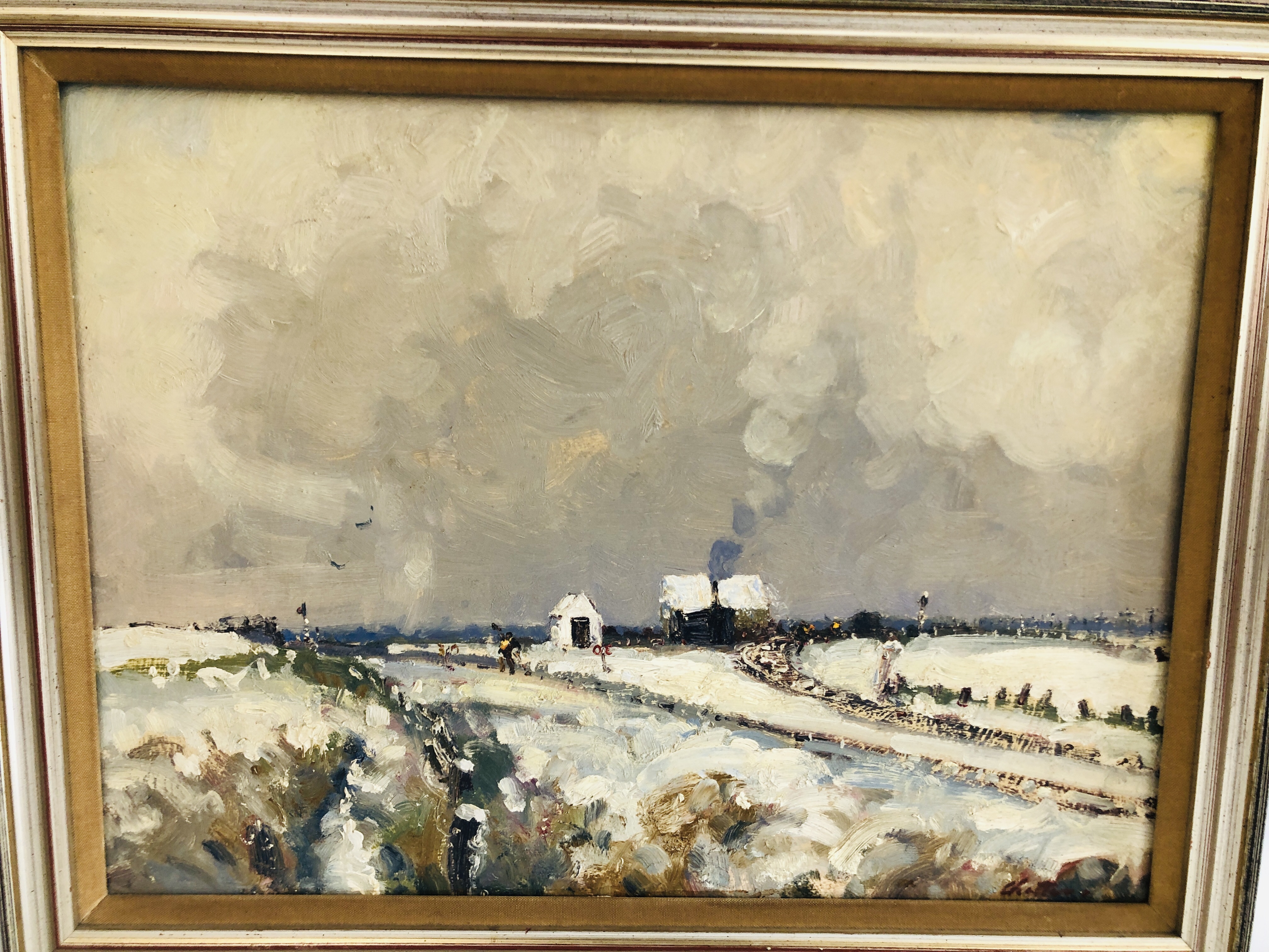 A FRAMED AND MOUNTED OIL ON BOARD OF HALVERGATE RAILWAY LINE IN WINTER BEARING SIGNATURE G CHATTEN, - Image 2 of 4