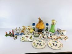 A BOX OF COLLECTIBLE SUNDRY CHINA TO INCLUDE TWO DRESDEN FIGURINES, ROYAL DOULTON JUG,