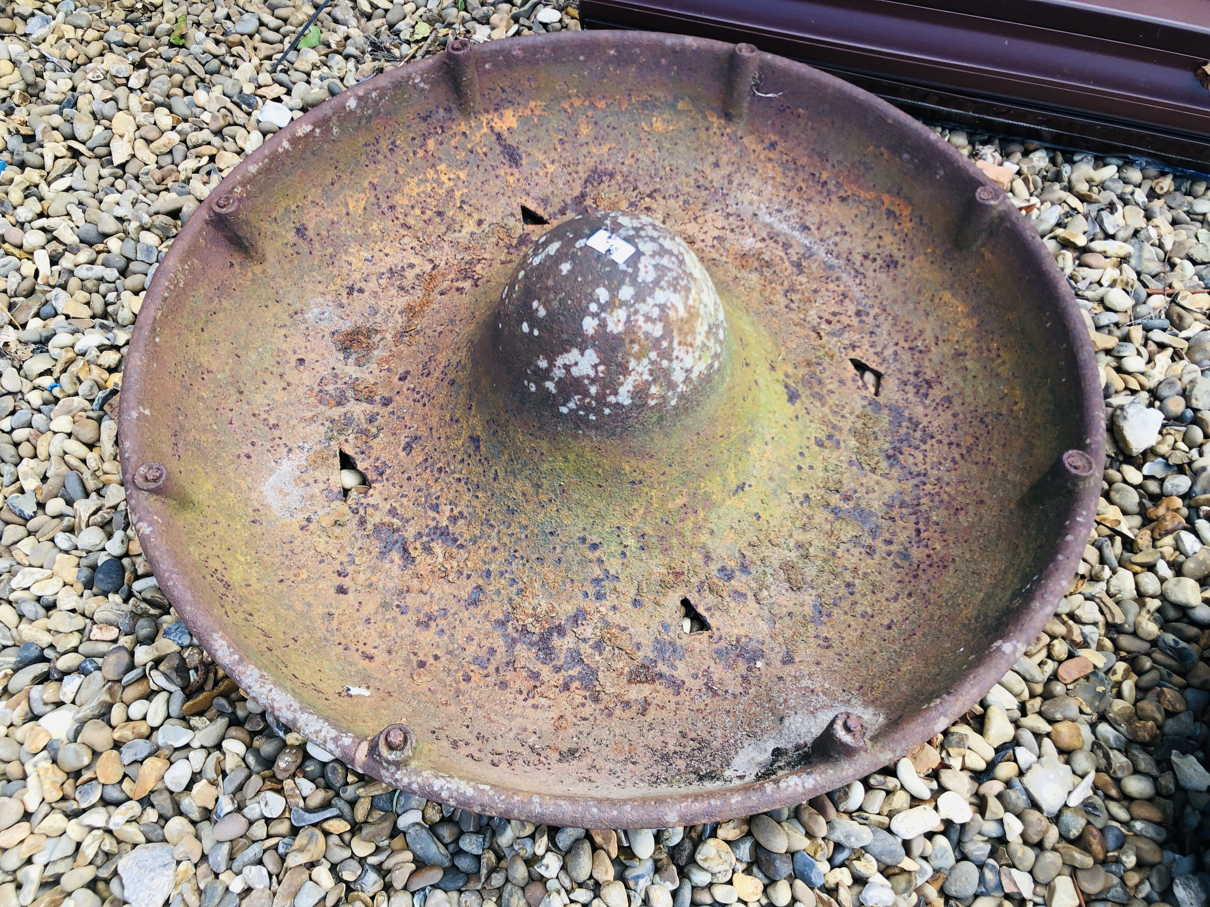 TWO VINTAGE CAST IRON MEXICAN HAT PIG FEEDERS / PLANTERS, LARGEST 90CM DIAMETER, A/F. - Image 2 of 4