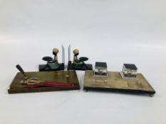 TWO ART DECO DESK STANDS TO INCLUDE A BAKELITE STYLE EXAMPLE ALONG WITH A PAIR OF BOOKENDS WITH