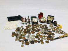 A BOX OF COLLECTIBLES TO INCLUDE A TIN OF VINTAGE COINAGE, A FEW SILVER EXAMPLES,