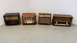 A GROUP OF FOUR VINTAGE VALVE RADIO'S TO INCLUDE G.E.C, GRUNDIG, HMV ETC - COLLECTORS ITEMS ONLY.