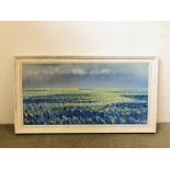 A LARGE FRAMED ACRYLIC ON CANVAS "WIDE FIELDS" BEARING SIGNATURE HURDLE 150CM W X 74CM H.