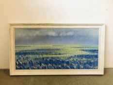 A LARGE FRAMED ACRYLIC ON CANVAS "WIDE FIELDS" BEARING SIGNATURE HURDLE 150CM W X 74CM H.