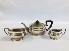 A ELEGANT SILVER THREE PIECE TEA SERVICE BY ROBERTS & BELK LTD., SHEFFIELD ASSAY.