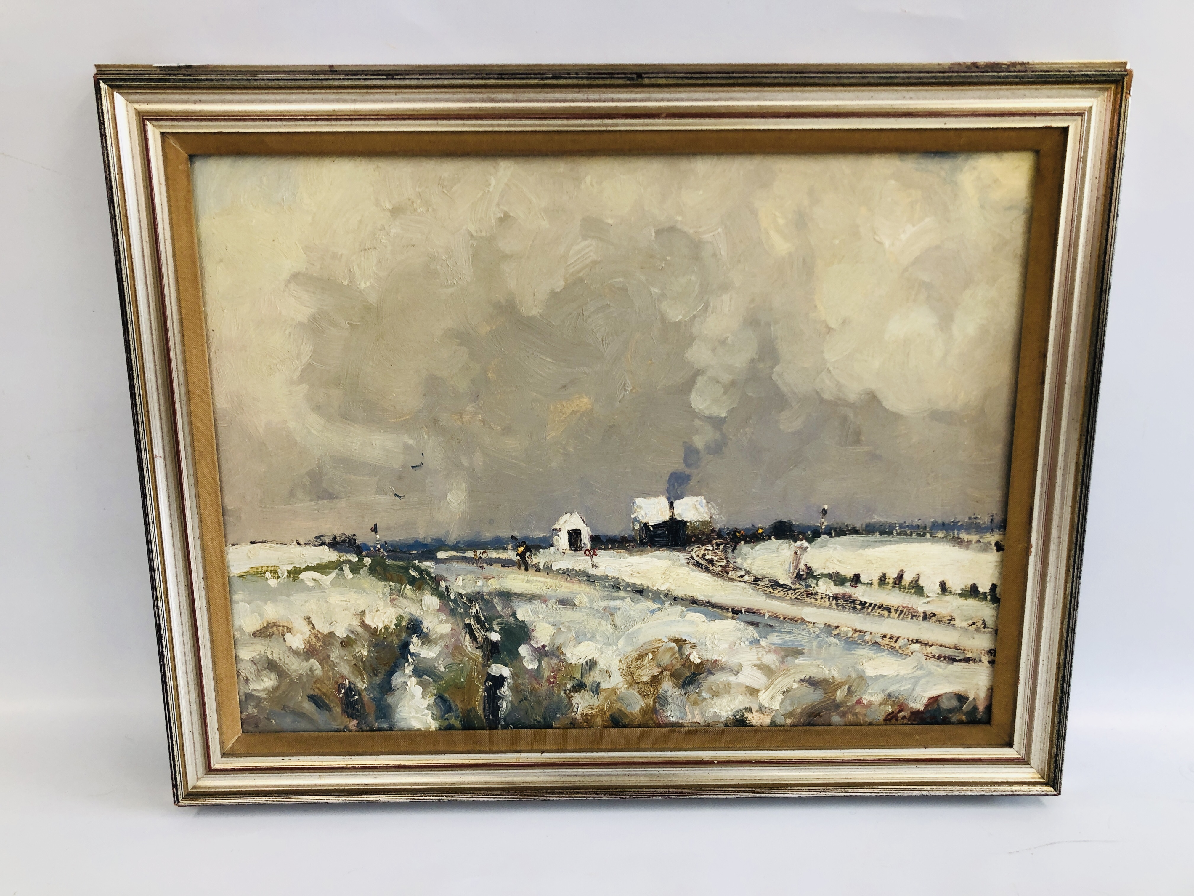 A FRAMED AND MOUNTED OIL ON BOARD OF HALVERGATE RAILWAY LINE IN WINTER BEARING SIGNATURE G CHATTEN,