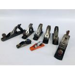 A GROUP OF 8 HAND PLANES TO INCLUDE REKIN NO.6, RECORD NO.5, STANLEY AND ROISON NO.4. ETC.