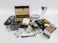 BOX OF ASSORTED PLATED WARES TO INCLUDE BOXED CUTLERY, CLARET JUG AND LOOSE CUTLERY ETC.