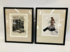 TWO FRAMED PRINTS TO INCLUDE "BIRD IN THE GIN" BEARING INITIALS DWJ 2012 (DEREK JACKSON) W 24.