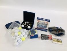 A QUANTITY OF GOLF BALLS & TEE & A CASED SET FROM "DUNSTON HALL" ETC.