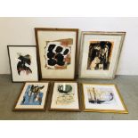 A GROUP OF 6 FRAMED ABSTRACT PICTURES TO INCLUDE PRINTS AND ORIGINAL EXAMPLES GONDOLIER SANTA SOHA