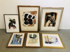 A GROUP OF 6 FRAMED ABSTRACT PICTURES TO INCLUDE PRINTS AND ORIGINAL EXAMPLES GONDOLIER SANTA SOHA