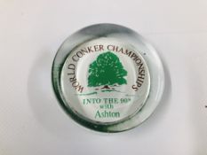 A GLASS PAPERWEIGHT PRESENTED FOR THE WORLD CONKER CHAMPIONSHIPS INTO THE 90'S WITH ASHTON.