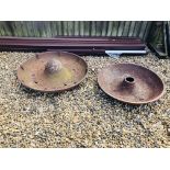 TWO VINTAGE CAST IRON MEXICAN HAT PIG FEEDERS / PLANTERS, LARGEST 90CM DIAMETER, A/F.