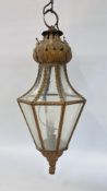 AN ELABORATE ANTIQUE GILT METAL FINISH PENDANT LANTERN H 80CM APPROX - COLLECTORS ITEM ONLY.