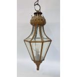 AN ELABORATE ANTIQUE GILT METAL FINISH PENDANT LANTERN H 80CM APPROX - COLLECTORS ITEM ONLY.