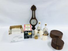 A BOX OF COLLECTABLES TO INCLUDE TWO VINTAGE BROWN LEATHER COLLAR BOXES, SMALL BOX OF LINEN,