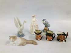 A GROUP OF CABINET ORNAMENTS TO INCLUDE 3 ROYAL DOULTON CHARACTER JUGS,