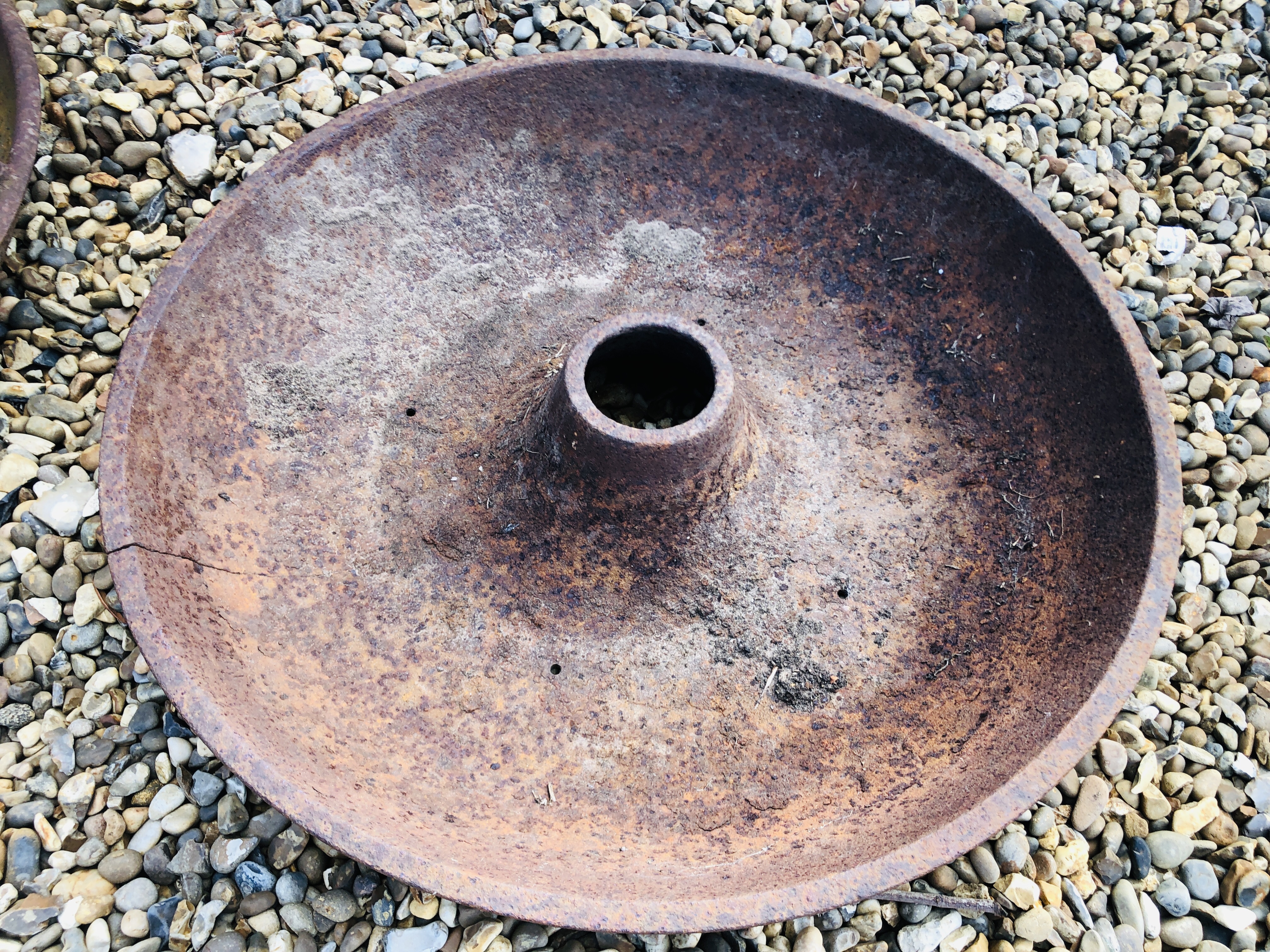 TWO VINTAGE CAST IRON MEXICAN HAT PIG FEEDERS / PLANTERS, LARGEST 90CM DIAMETER, A/F. - Image 3 of 4