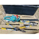 A BOSCH ELECTRIC HEDGE TRIMMER AND VARIOUS GARDEN LOPPERS AND SHEARS - SOLD AS SEEN.
