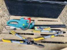 A BOSCH ELECTRIC HEDGE TRIMMER AND VARIOUS GARDEN LOPPERS AND SHEARS - SOLD AS SEEN.