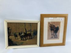 A FRAMED OIL ON BOARD WORKING FARM HORSES NO VISIBLE SIGNATURE 35.
