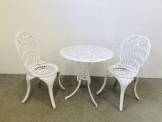 A WHITE FINISH CAST METAL BISTRO SET COMPRISING OF CIRCULAR TABLE AND 2 CHAIRS