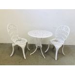 A WHITE FINISH CAST METAL BISTRO SET COMPRISING OF CIRCULAR TABLE AND 2 CHAIRS