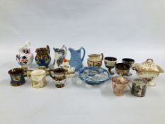 A GROUP OF VICTORIAN CHINA TO INCLUDE LUSTRE WARE, JUGS, BLUE AND WHITE EGG STAND, CRIMEAN WAR JUG,