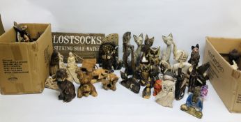 A LARGE QUANTITY OF TREEN & PLASTER HOME DECOR FIGURES TO INCLUDE CATS, OWLS, ELEPHANTS, HINDU GODS.