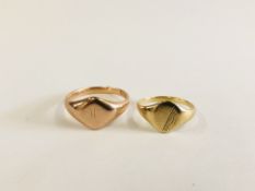 A 9CT ROSE GOLD SIGNET RING ALONG WITH A FURTHER 9CT GOLD EXAMPLE.