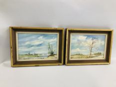 TWO FRAMED OIL ON BOARDS MARSHLAND SCENES BEARING SIGNATURE J. ADAMSON, H 16.5CM X W 25CM.