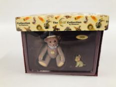 A BOXED 1926 PORCELAIN TEDDY CLOWN BEAR ALONG WITH BULLY PEWTER DOG FIGURINE.