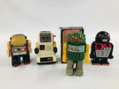 A GROUP OF 4 VINTAGE 60'S, 70'S ROBOTS TO INCLUDE A MONSTER ROBOT GE-1298A BOXED.