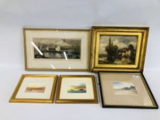 GILT FRAMED OIL ON CANVAS COTTAGE AND RIVER SCENE, 2 WATERCOLOURS, TREOCER CASTLE, WATERCOLOUR D.E.
