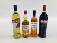 2 X BOTTLES OF 70CL SOUTHERN COMFORT LIQUEUR WITH WHISKY ALONG WITH 1 X 100CL BOTTLE OF CINZANO