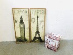 TWO PRINTS ON HESSIAN "LONDON" AND "PARIS" H 101CM ALONG WITH MODERN CANVAS COVERED TRENCH THEAME