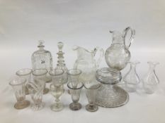 A GROUP OF ANTIQUE GLASS TO INCLUDE AN ETCHED JUG, DUTCH DECANTER REGENCY PINEAPPLE STAND ETC.