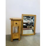 A LIGHT OAK SINGLE DRAWER HALL TABLE 75CM X 35CM X 75CM ALONG WITH A LIGHT OAK FRAMED WALL HANGING