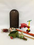 TWO VINTAGE HOBBY HORSES, WOODEN TRIKE, PULL ALONG CART AND BAGATELLE ETC.